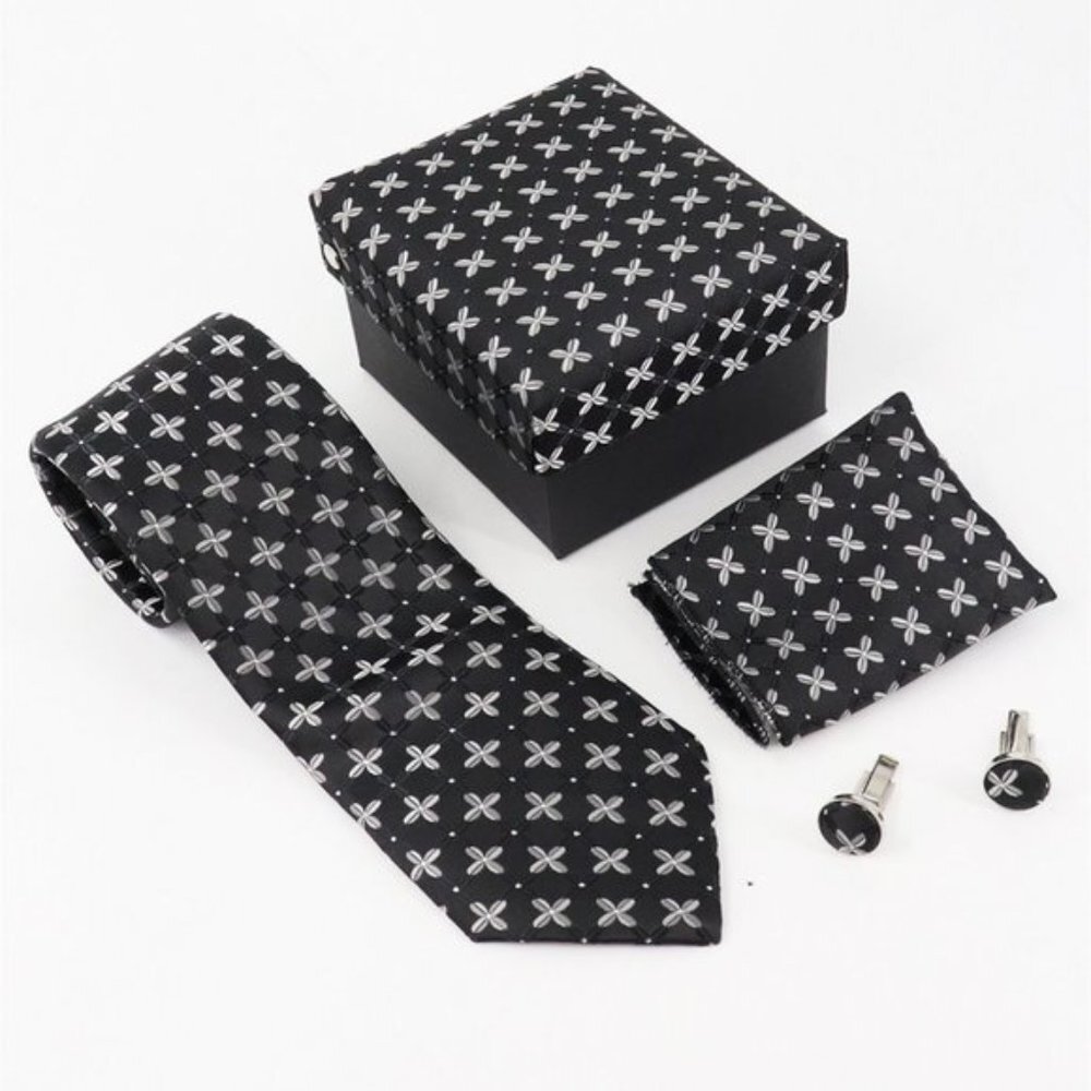 NEW 3-Pc Boxed Gift Tie Set Coordinated Print Cuff Links Pocket Square Black